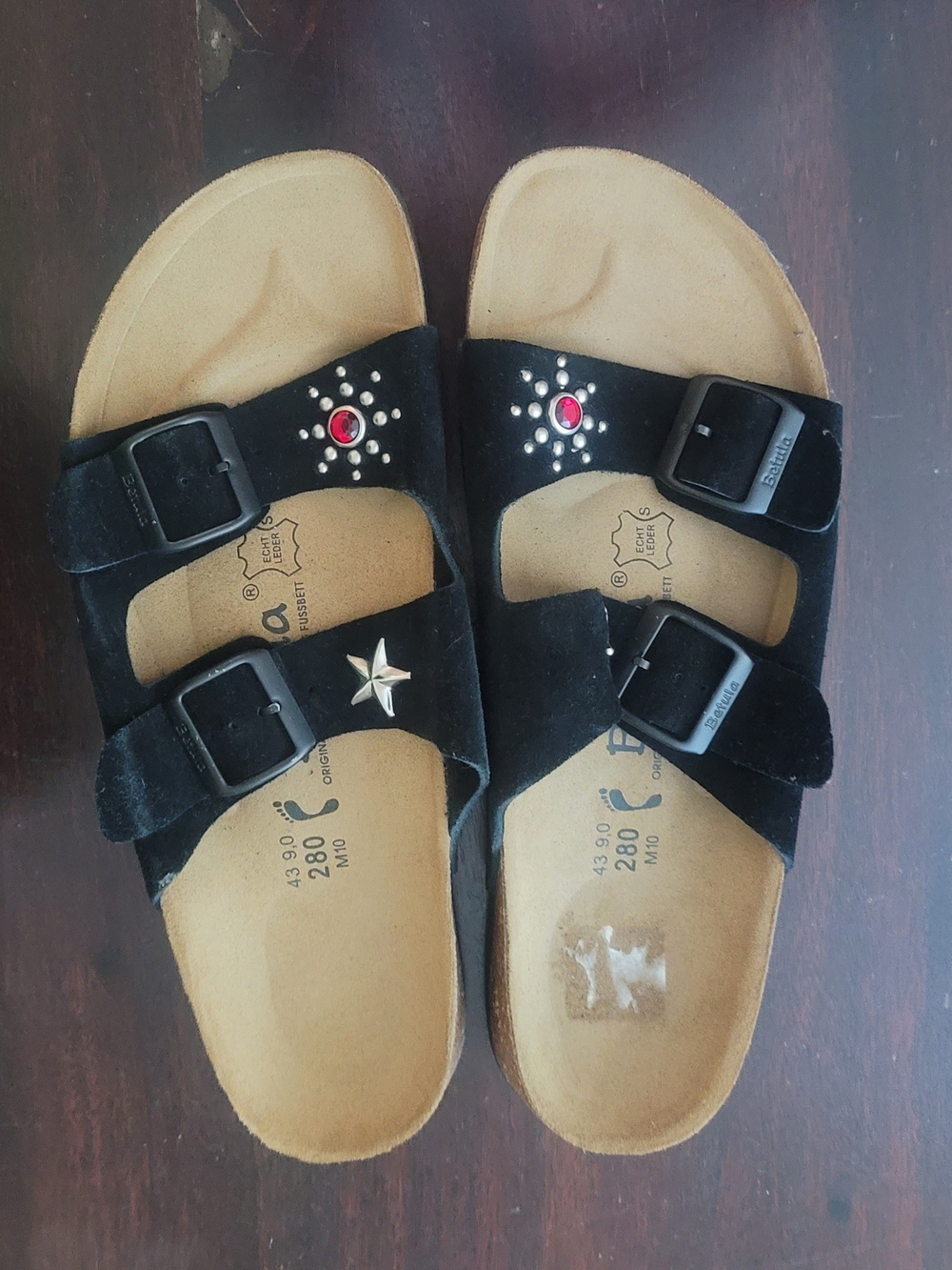 Black Suede Double-Buckle Sandals with Star & Gem Accents